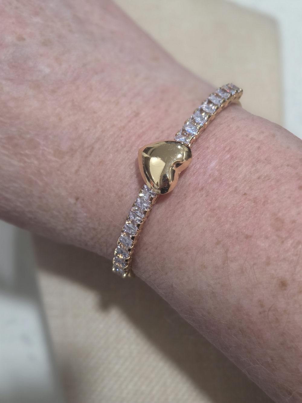 Gold Heart Tennis Bracelet Cuff Style with Clear Stones - Women Jewelry - Picture 4 of 5